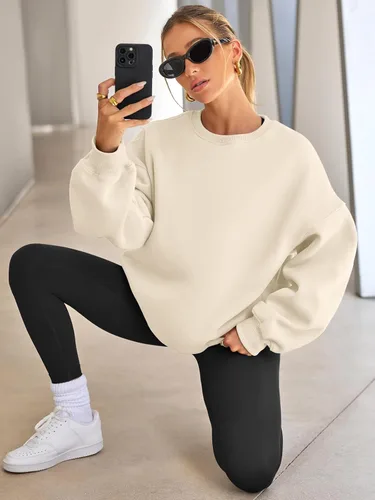 Vista 2 de EFAN Sudaderas de gran tamaño para mujer, cuello redondo, casuales, para Albaricoque