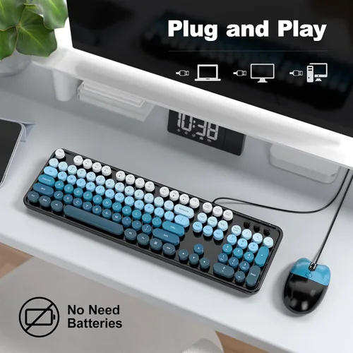 Vista 2 de MOFII Combo de teclado y mouse con máquina de escribir retro con cable, USB de tamaño completo Plug & Play para PC con Windows - Negro Azul