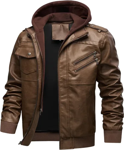Vista 6 de INVACHI Men's Faux Leather Jacket, Motorcycle Bomber with Removable Hood Un negro