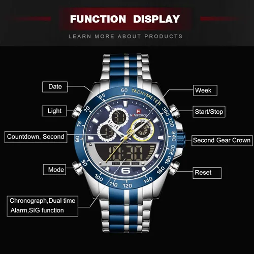 Vista 5 de NAVIFORCE Reloj deportivo analógico digital para hombre, impermeable, multifunción, cronógrafo de silicona con correa