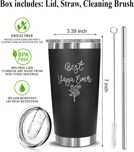 Vista 2 de Vaso con texto en inglés "Best Yaya Ever", taza Yaya con diseño floral, regalo para Yaya, regalo para el día de la madre, taza de café Yaya, vaso