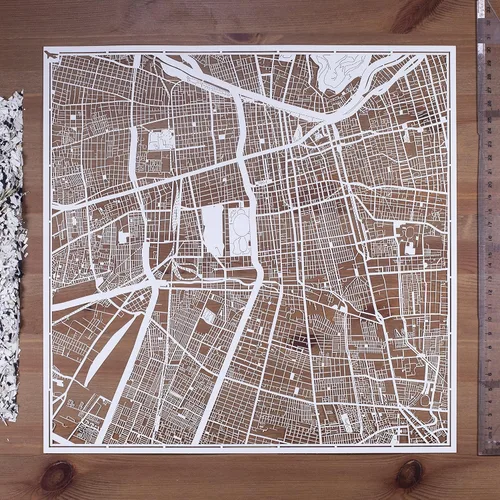 Vista 5 de O3 Design Studio Santiago de Chile mapa de papel cortado en papel negro mate 20.0 x 20.0in