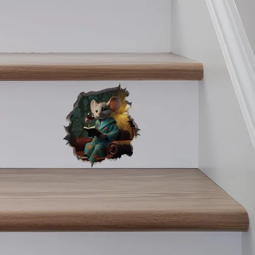 Vista 5 de Calcomanía de pared 3D con agujero de ratón con diseño de vino y libro mí
