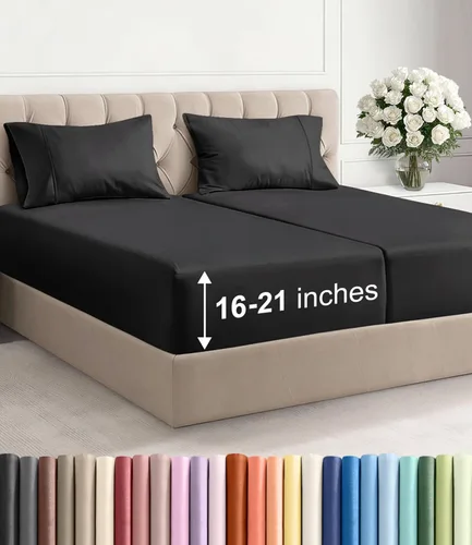 Vista 122 de Juego de sábanas tamaño Queen con bolsillos extra profundos, sábanas transpirables y refrescantes de 4 piezas, ropa de cama de lujo para hotel