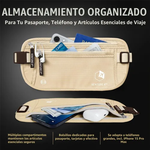 Vista 6 de VENTURE 4TH Cinturón de Dinero de Viaje con 7 Mangas RFID - Beige