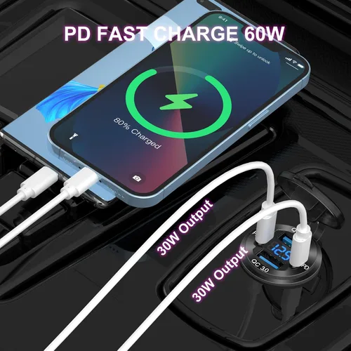 Vista 4 de Actualizado Cargador de 4 Puertos 12V USB de Aluminio, 78W Dual PD y QC Múltiples Puertos USB para Coche, Enchufe de 12 Voltios de Reemplazo