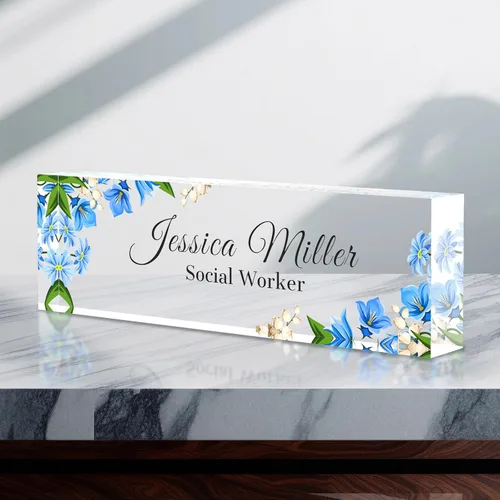 Vista 52 de Placa de identificación personalizada para escritorio, decoración de oficina de acrílico transparente con diseño de flores, decoraciones