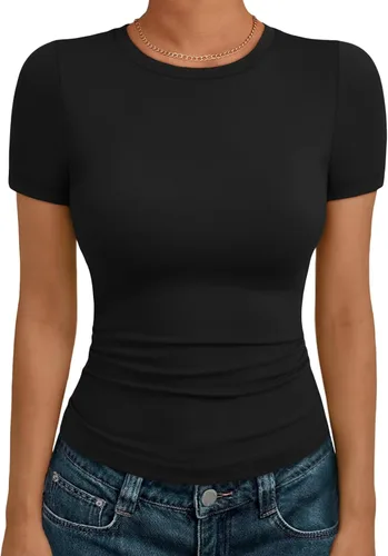 Vista 20 de AUTOMET - Camisetas básicas de manga corta para mujer, para verano, entrenamiento o gimnasio, con cuello redondo, ropa moderna estilo Y2K
