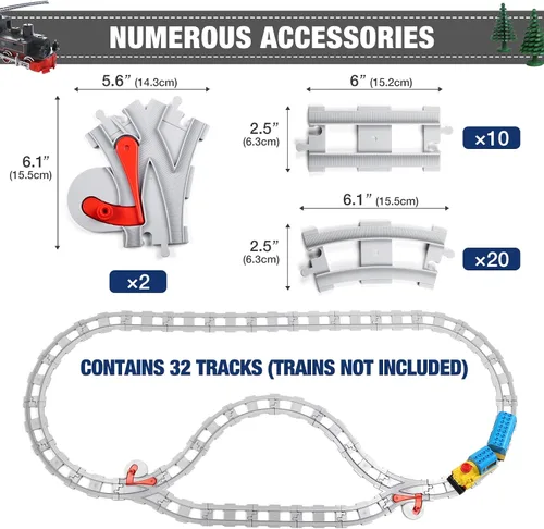 Vista 2 de Mannidoo 32 piezas de pistas de tren, pista de ferrocarril clásica con 20 pistas curvas, 10 pistas rectas y 2 pistas de cambio - Compatible
