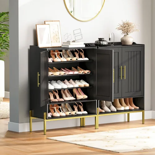 Vista 2 de HOOBRO Gabinete para zapatos, organizador de zapatos de 5 niveles con puertas, armario de madera para zapatos para entrada, armario independiente