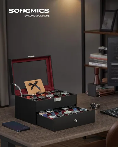 Vista 2 de SONGMICS Caja de reloj de 20 ranuras, caja de reloj con tapa de vidrio, 2 capas, vitrina de reloj con cerradura, cuero sintético negro, forro rojo
