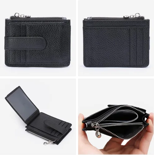 Vista 4 de Cartera delgada para mujer, de piel auténtica, tarjetero delgado con bloqueo RFID, carteras pequeñas