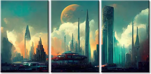 Vista 38 de Cuadros de 3 paneles de Cyberpunk City - Arte de pared de vallas publicitarias de edificios modernos en la capital con obras de arte modernas
