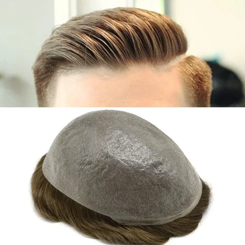 Vista 39 de Pieza de pelo para hombre, sistema de reemplazo de cabello de piel ultra fina para hombres, pieza de pelo de tupé para hombres, cabello humano real