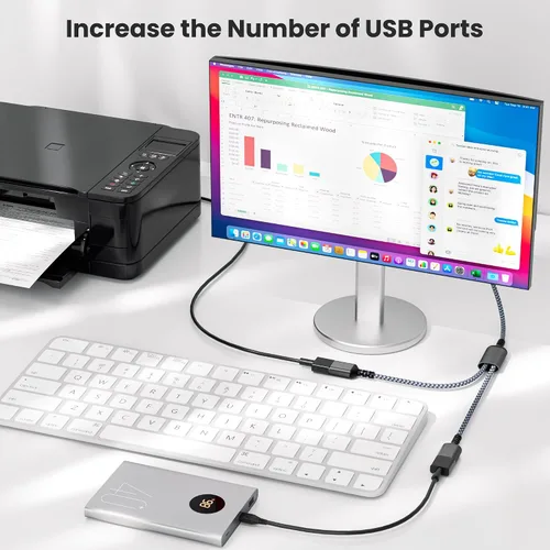 Vista 4 de Basesailor Divisor USB de 1 en 2 salidas de 1 pie, adaptador de extensión de cable Y macho a doble hembra, hub extensor de puerto A dual, cargador