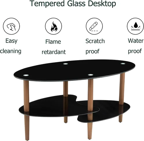 Vista 5 de Mesa de centro de cristal, mesa de centro ovalada en sala de estar con patas de madera de roble y vidrio de 2 niveles (transparente), mesa de té