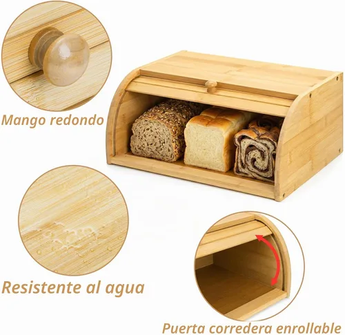 Vista 5 de Lawei Panera de bambú, caja de pan grande de madera con parte superior enrollable, contenedor de almacenamiento de pan para encimera, soporte
