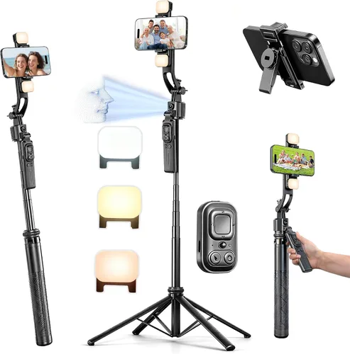 Vista 9 de Trípode para selfie con seguimiento automático de cara para iPhone con luz de rotación de 360° que sigue tu movimiento, trípode para cámara de 70.9