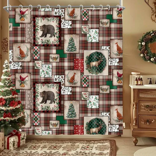 Vista 10 de Wathon Cortina de Ducha de Oso Negro de Invierno Escena Nevada Cortina de Baño con Osos Abrazándose Rodeados de Nieve y Bayas Rojas, Decoración