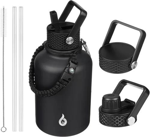 Vista 8 de BJPKPK Botellas de Agua Aisladas con Tapa de Pajita, Botella de Agua de Acero Inoxidable de 18oz, Termo Frío Caliente con 3 Tapas, Vaso de Viaje a