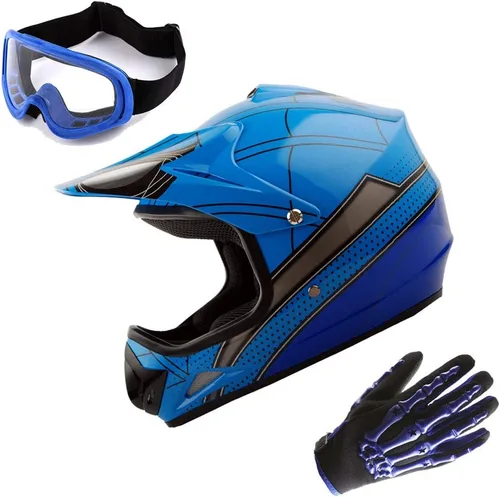 Vista 16 de WOW Casco de motocross juvenil MX BMX, casco de bicicleta negro araña + gafas + guante negro esqueleto K-Negro mate