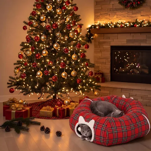Vista 5 de Falda de árbol de Navidad con diseño de túnel de gato, cama a cuadros con Rojo