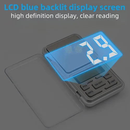 Vista 2 de Báscula digital de bolsillo para joyería, 17.64 oz, 0.00 oz, precisión con pantalla LCD retroiluminada, báscula portátil de mini gramos, pequeña