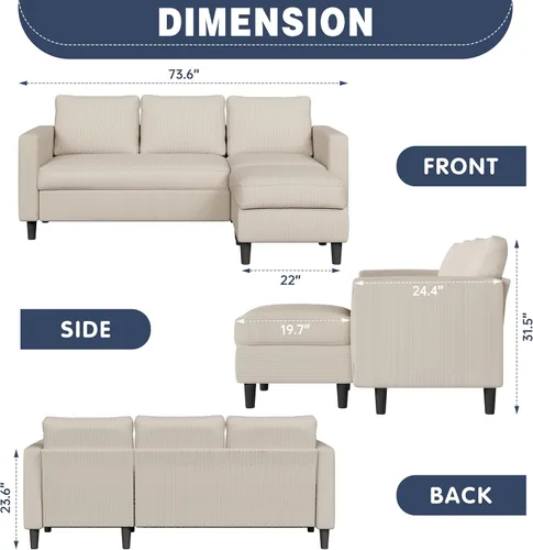 Vista 2 de Shintenchi Sofá modular en forma de L, sofás modulares convertibles con otomana móvil, sofá tapizado de pana de 3 asientos, sofás pequeños para sala