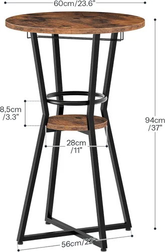 Vista 2 de HOOBRO Mesa redonda de bar, mesa de bar de 2 niveles con soporte para copas de vino, mesa de cóctel industrial, para espacios pequeños, taberna