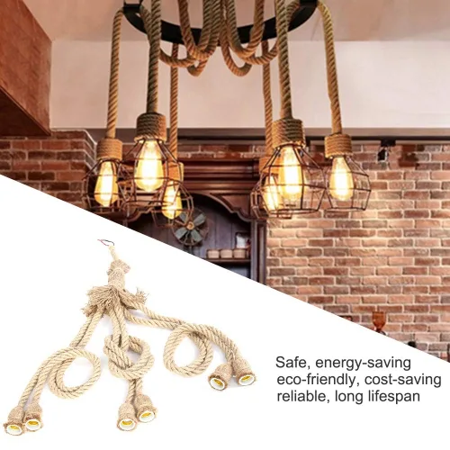 Vista 2 de Cuerda de cáñamo colgante de 6 cabezas, E27 3.3 ft de luz colgante, cuerda de cáñamo vintage con 6 soportes, base de lámpara E27, cable eléctrico