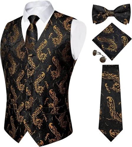 Vista 34 de DiBanGu Conjunto de 5 chalecos de seda con corbata y corbatín para hombre Paisley oro negro