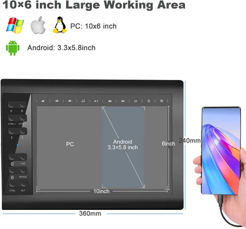 Vista 2 de Tableta de dibujo gráfico, tableta de escritura digital de 10 x 6 pulgadas con 8192 niveles de lápiz óptico para PC/Mac/Android 5.0 y superior