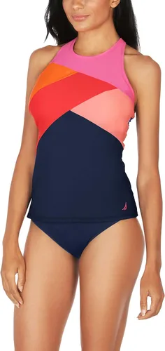 Vista 3 de Nautica Tankini estándar de cuello alto con bloques de color para mujer