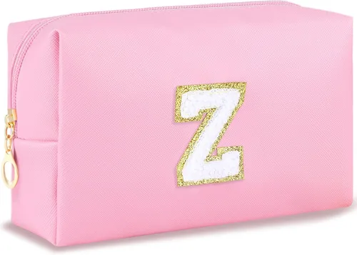 Vista 101 de URSKYTOUS Regalos para niñas, bolsa de maquillaje con inicial, bolsa de cosméticos personalizada con cremallera, bonita bolsa de aseo de viaje, Azul