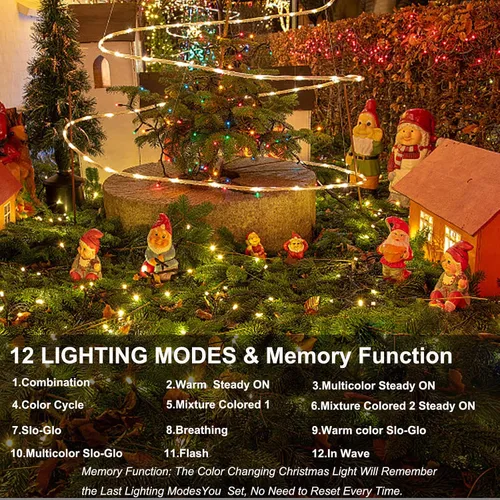 Vista 4 de 100 luces LED de color blanco cálido a multicolor de 33 pies, funciona con pilas, 8 modos, tira de luces para interiores y exteriores, para árbol