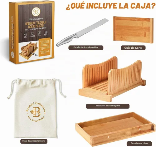 Vista 8 de Bambüsi Cortador de pan de bambú con cuchillo, grosor de 3 rebanadas, guía de corte compacta plegable con bandeja para migas, cuchillo de pan