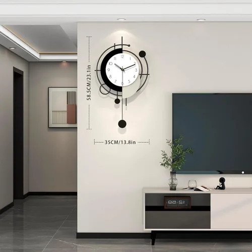 Vista 4 de Reloj de pared grande para decoración de sala de estar, reloj de pared decorativo moderno en negro con péndulo, de madera, funciona con pilas, sin