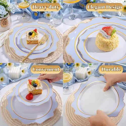 Vista 7 de WDF 100 piezas de platos de plástico azul - Platos desechables azul claro - Platos de plástico con borde festoneado resistente