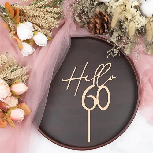 Vista 3 de Decoración para pastel de 60 cumpleaños con texto en inglés «Hello 60», decoración de pastel de cumpleaños 60 para mujeres u hombres, decoración
