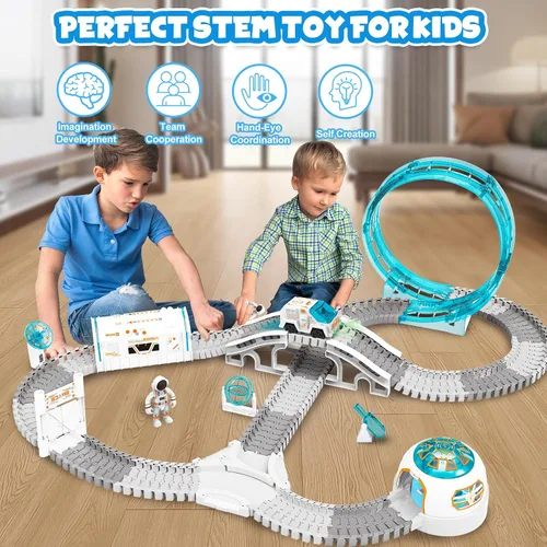Vista 6 de KIZJORYA Pista de carreras de construcción, juego de pistas de tren espacial, 205 piezas, juego de pistas flexibles para niños de 4 a 7 años