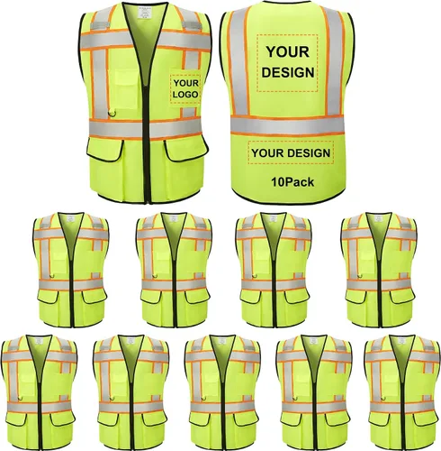 Vista 7 de Chaleco Reflectante Clase 2 de Seguridad ANSI con Bolsillos y Cremallera de Alta Visibilidad Uniforme de Construcción K-verde-1pack-custom