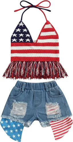 Vista 21 de Adobabirl Conjunto de ropa de verano para niña pequeña, sin mangas, acanalada, top halter y pantalones cortos, ropa de moda para niños con cinturón