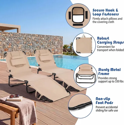 Vista 7 de Goplus Silla bronceadora, silla de playa plegable con orificio para la cara, almohada extraíble, capacidad de 350 libras, correa de transporte