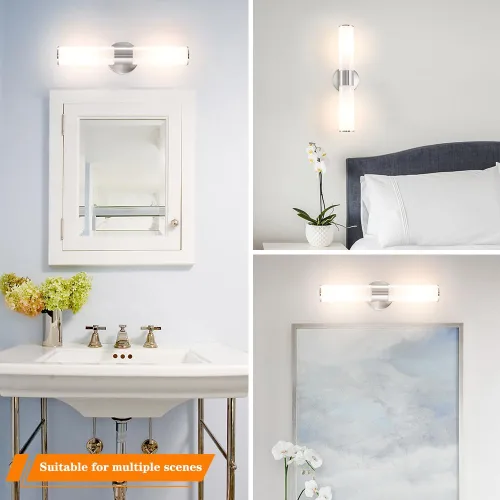 Vista 4 de Juego de 2 apliques de pared de níquel cepillado (solo cableado), lámparas de tocador de baño, modernas luces de pared cilíndricas de vidrio