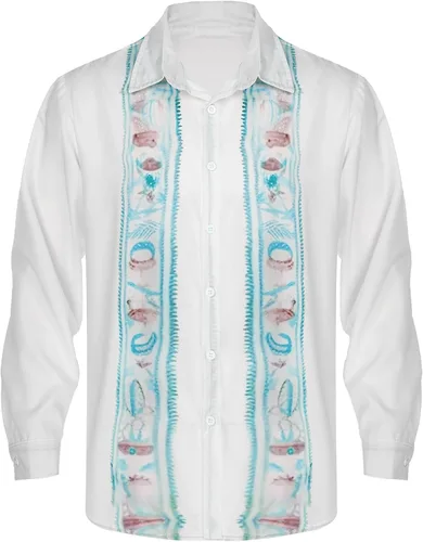 Vista 5 de Camisas mexicanas de manga larga con botones para hombre, camisas de guayabera cubana, camisas casuales de verano para la playa, camisa de fiesta