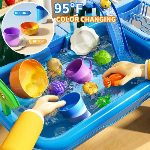 Vista 2 de JUKUDAHU Mesa de Juego de Agua y Fregadero de Juguetes para Niños de 2 3 4 5 6 Años de Edad - Cocina al Aire Libre con Agua Corriente