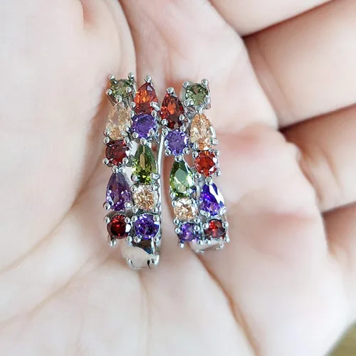 Vista 3 de Pendientes de aro para mujer, de lujo, esmeralda sintética, multicolor, circonita cúbica, para mujeres, adolescentes, niñas, cumpleaños, Navidad