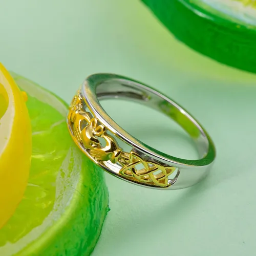 Vista 5 de Jeulia Claddagh - Anillos para mujer, plata de ley 925, chapado en oro de 14 quilates, anillo de compromiso de circonita cúbica de dos tonos, anillo