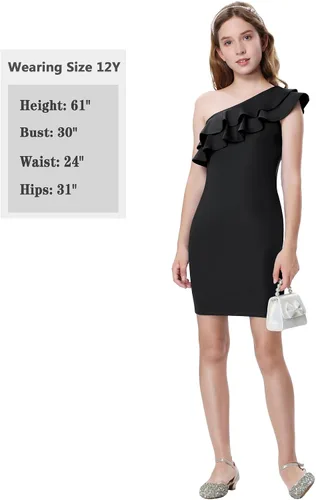 Vista 6 de Mebius Vestido de fiesta de un hombro para niñas, entallado, con volantes, manga de lápiz, vestido de verano para ocasiones especiales, cumpleaños