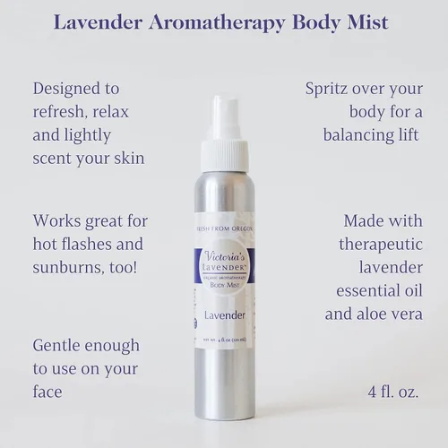 Vista 3 de Victoria's Lavender Aerosol corporal de aromaterapia, niebla hidratante para mujeres, infundido con aloe vera y aceite esencial de lavanda, 4 onzas